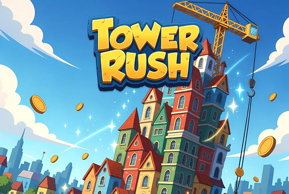 Tower Rush game tower of colourful houses with a crane and falling coins